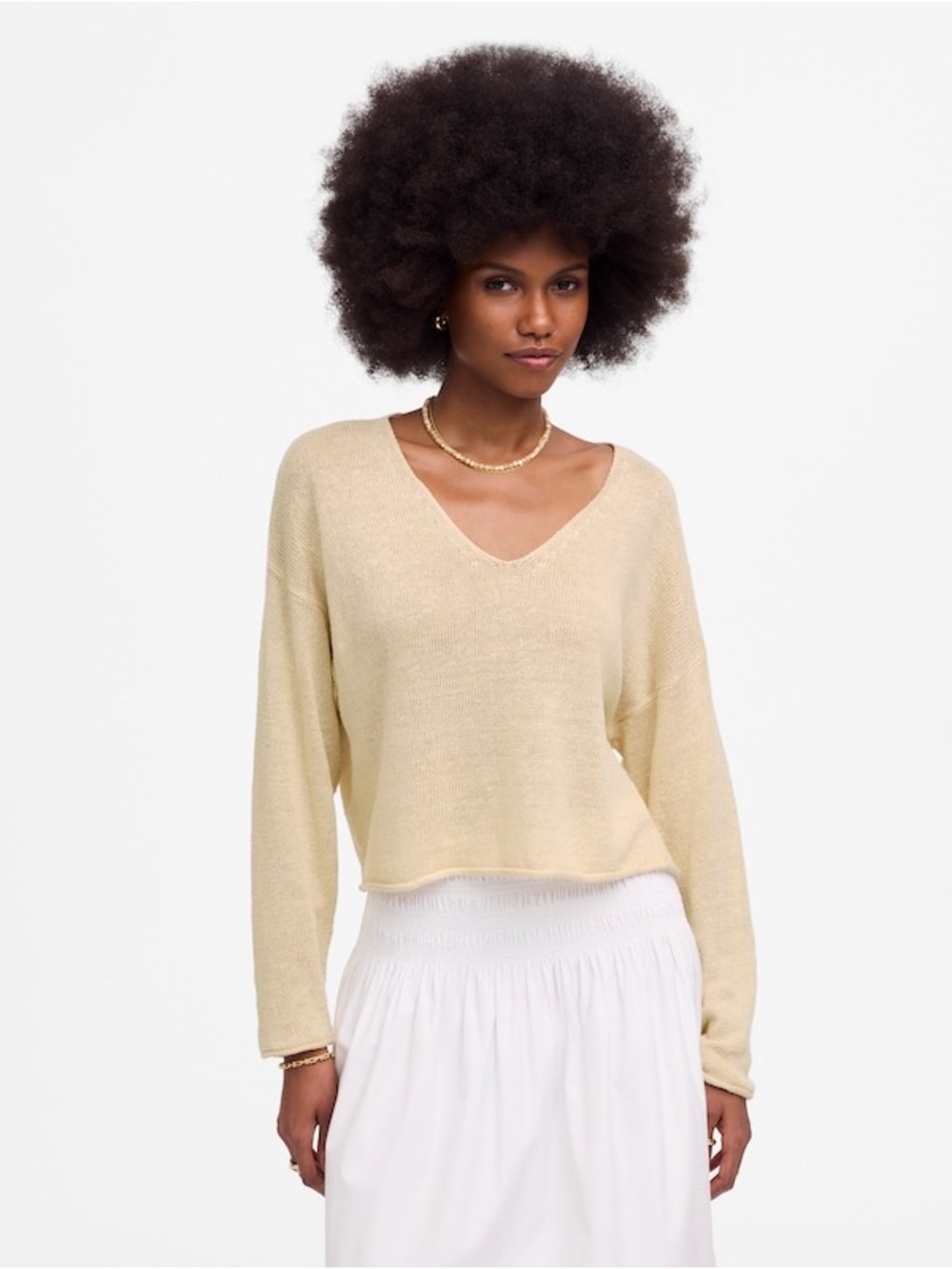 Madewell Cream Linen V-Neck Lightweight Knit Sweater